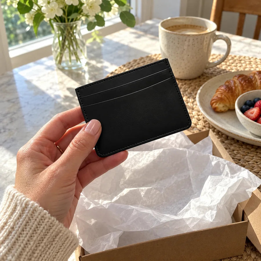 Cliente mostrando el tarjetero negro sobre una mesa