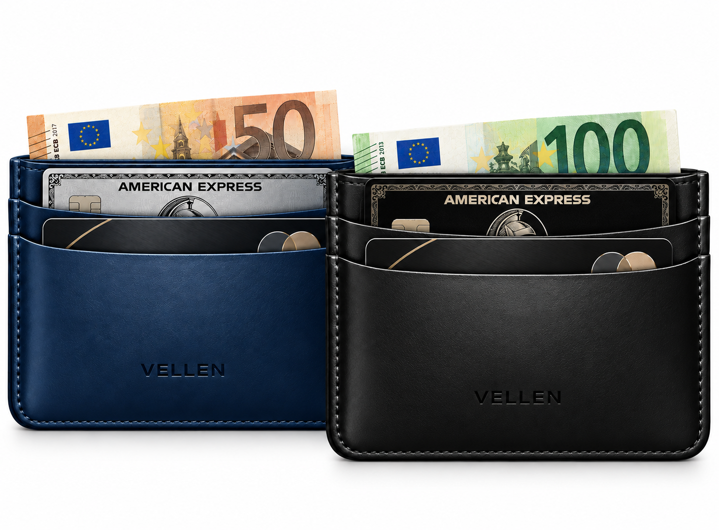 Dos tarjeteros con tarjetas y billetes
