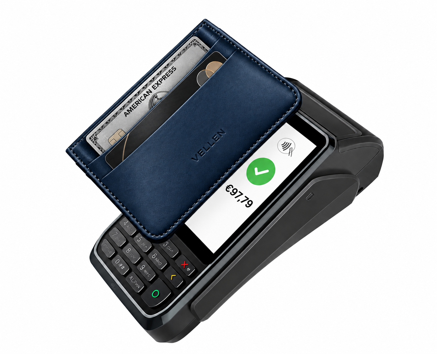 Tarjetero azul utilizado para un pago sin contacto